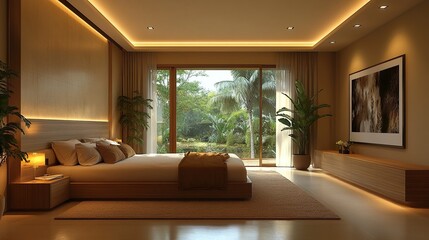 Spacious bedroom interior in beige and olive color. 