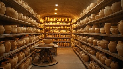 Obraz premium Clay pottery storage, earthenware shelves, workshop cellar