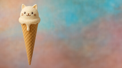 ふわもこネコアイスと優しいグラデーション背景/Cute Soft-Serve Cat Ice Cream with Gentle Pastel Background Generative AI