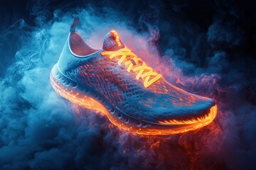 Futuristic running shoe levitating in a cloud of smoke