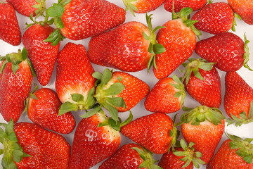 A close-up overhead shot shows many ripe red strawberries with green stems scattered on a white surface