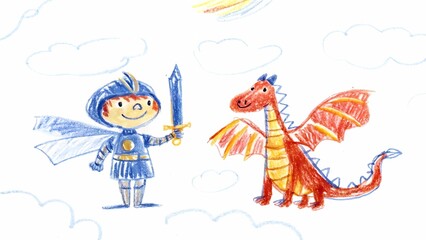 Children's drawing of a knight with a sword and a friendly red dragon cartoon , kid's hand drawing.