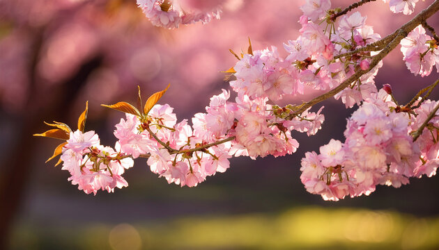 blooming cherry tree with soft pink flowers of a sakura tree in spring selective focus with blurred background - Powered by Adobe