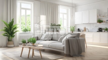 Bright, modern living space with open kitchen and plants.