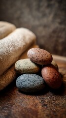 Hot Stone Massage Ritual A serene arrangement of smooth, colorful stones beside a soft towel, creating a tranquil atmosphere perfect for relaxation and mindfulness.
