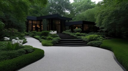 Fototapeta premium Modern black house nestled in lush greenery. A meticulously landscaped garden surrounds a contemporary residence with dark exterior and white stone pathways. Steps lead to the entrance