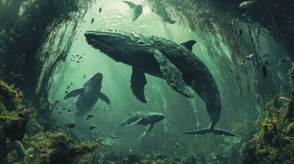 Submerged whales in lush underwater grotto