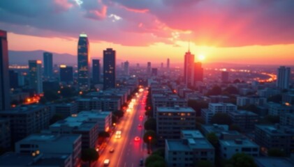 Fototapeta premium Blurred city skyline at sunset Soft focus urban landscape , image, texture