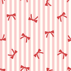 red coquette bows seamless pattern on a pink stripes background. for prints, wrapping paper, wallpaper, textile, stationary, fabric