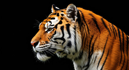 Naklejka premium Majestic tiger profile against black background. Powerful predator in side profile view with sharp focus on its detailed coat.
