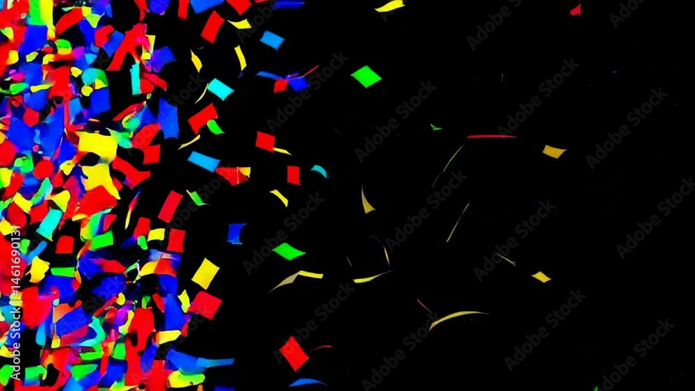 Poster multicolored confetti pieces are gracefully falling against a black backdrop, creating a festive and