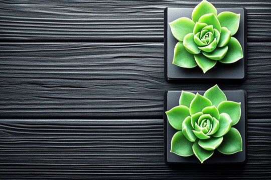 Two succulent plants in black pots, arranged on a dark wooden surface. Vivid green leaves form rosette patterns