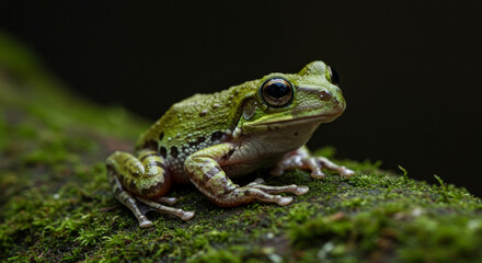 Fototapeta premium Green tree frog resting on mossy log in tropical rainforest. Wildlife photograph featuring a detailed close-up of an amphibian in its natural habitat.