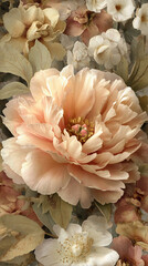 Close-up of peach-colored peony, detailed texture, surrounded by other flowers and leaves, creating a serene floral arrangement, ideal for elegant design