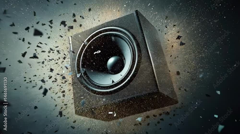 Poster Sound waves are emanating from an audio speaker, creating colorful visualizations on a vibrant gradient background, representing music playback or audio recording