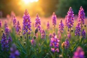 Naklejka premium Dense cluster of deep purple wildflowers Sunlit field scene , blossom, spring, nature scene