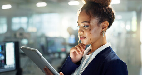 Tablet, thinking and business woman in office for connection, information or research with flare....