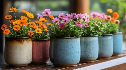 Obraz premium A row of colorful flowers in pots, bringing a burst of beauty and natural charm.
