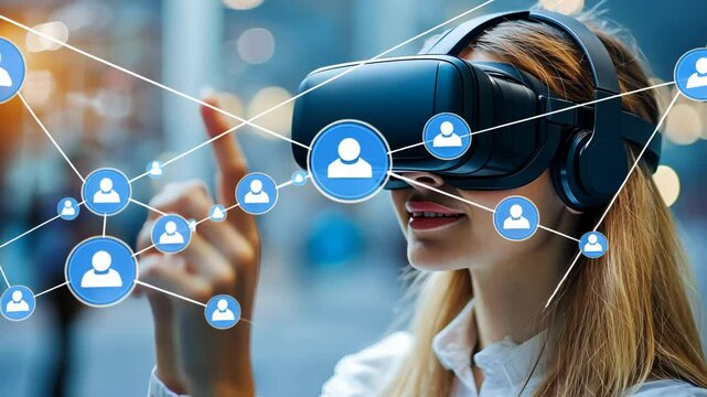 Woman using VR headset, interacting with virtual people