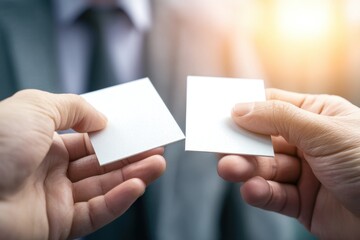 Two businessmen exchanging blank business cards in a professional setting, showcasing collaboration and networking opportunities for future prospects.