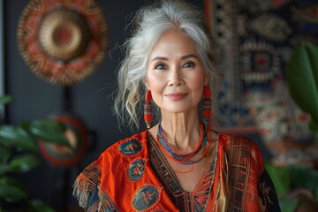 Thai elderly woman wears traditional attire with layered jewelry and a gentle smile, representing wisdom, grace, and cultural elegance. Her presence speaks of heritage, beauty in aging