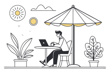 47 Minimalist illustration, man working on laptop, outdoor cafe setting, parasol umbrella, potted plants, black and white line drawing, simple geometric shapes, clean design, relaxed atmosphere, digit