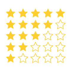 Five star rating, positive feedback icons. rating review flat icon. Customer review with five metallic golden stars. Service satisfaction, quality, good rate illustration star icon.