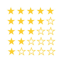 Five stars quality rating icon collection. Stars rating review icon. Five star rating, positive feedback icons. Customer review with five metallic golden stars.