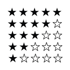 Five stars quality rating icon collection. Stars rating review, feedback sign icon. Five star rating, positive feedback icons. Customer review with five black stars.