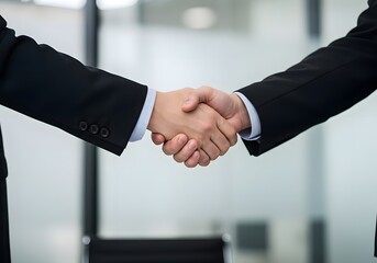 Two businessmen in suits shake hands in the office, sealing a corporate partnership agreement