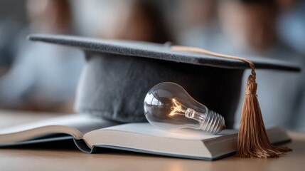 A graduation cap sits atop an open book, with a lit light bulb beside it symbolizing knowledge and inspiration at a graduation ceremony. The ambience reflects celebration and achievement