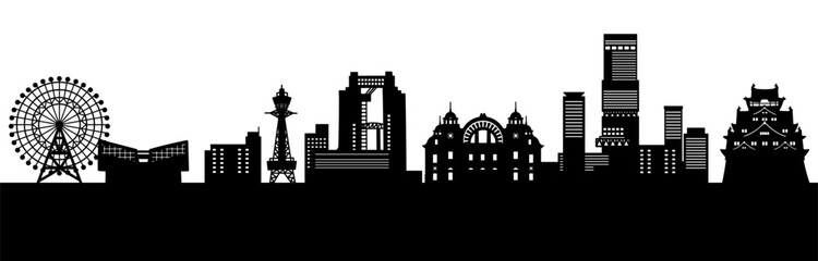 Fototapeta premium 高層ビルと城のある日本の街並みのシルエット、大阪（モノクロ）