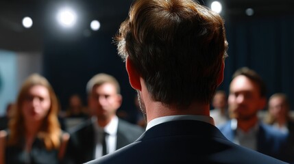 Professional speaker addressing an engaged audience in a conference setting with spotlights and blurred figures in the background
