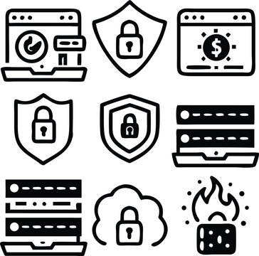 Cybersecurity Firewall and Network Protection Icons Set &ndash; Secure Server Line Symbols