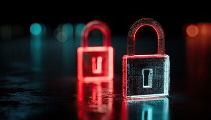 Two glowing, transparent padlocks, red and cyan, on a dark surface.  Detailed, backlit, 3D model security icons