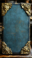Antique book cover, teal leather, ornate gold corners