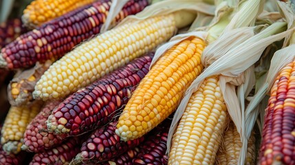 Fresh multicolored corn variety displays vibrant yellow, white, and purple kernels