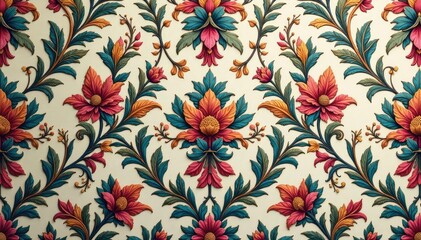 Intricate floral damask pattern in muted tones, tones, muted