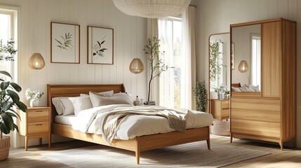 Scandinavian-inspired bedroom with light wood furniture..