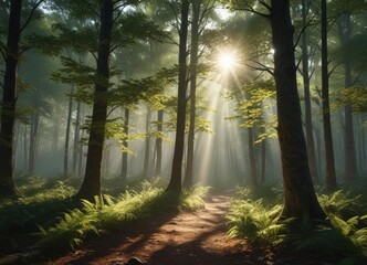Sunlight streams through dense forest, creating a sparkling effect on leaves ,  botanical,  picture