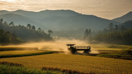 Naklejka premium Misty Sunrise Harvest in a Valley