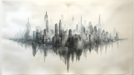 Obraz premium Monochromatic cityscape reflected in still water, rendered with detailed architectural precision, creating a serene yet imposing atmosphere
