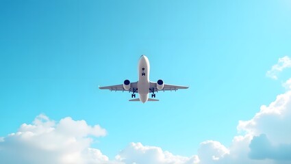 Passenger Jet in Flight Against a Serene Blue Sky with Puffy Clouds, commercial plane in sky