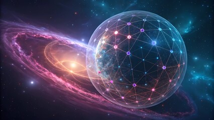Fototapeta premium Abstract glowing data sphere with neural network connections on a cosmic background, representing artificial general intelligence (AGI), the technological singularity, and the expansive interconnected