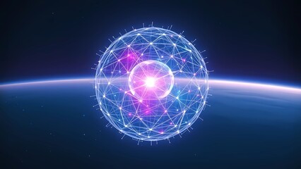 Obraz premium Abstract glowing data sphere with neural network connections on a cosmic background, representing artificial general intelligence (AGI), the technological singularity, and the expansive interconnected