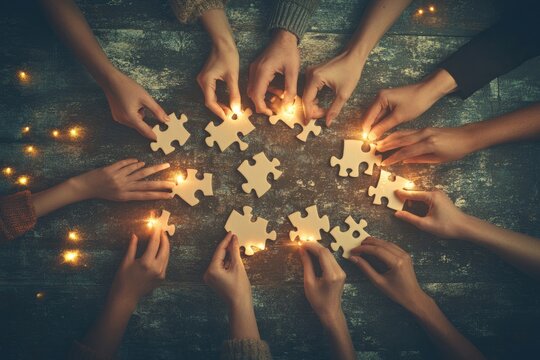 Diverse hands assemble puzzle pieces, illuminated by warm lights, fostering teamwork and collaboration.  Many hands around puzzle pieces are lit by tiny lights, creating a warm, cooperative atmosphere