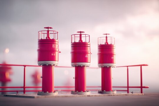 Three red navigation buoys stand prominently against a soft sky, marking a channel with their cylindrical forms, each designated with unique numerical identifiers.