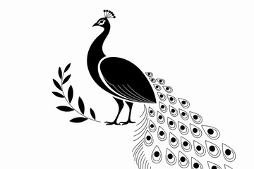Elegant Peacock with Feather Details – Black and White Vector Illustration

