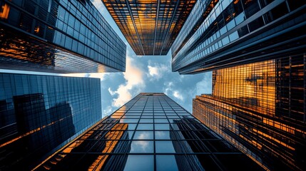Towering skyscrapers encircling the frame with reflective glass facades, upward view under partly cloudy sky, wide angle lens  