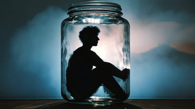 Imprisoned Soul: A poignant silhouette of a person trapped within a glass jar, the ethereal lighting adding to the sense of confinement and introspective reflection.